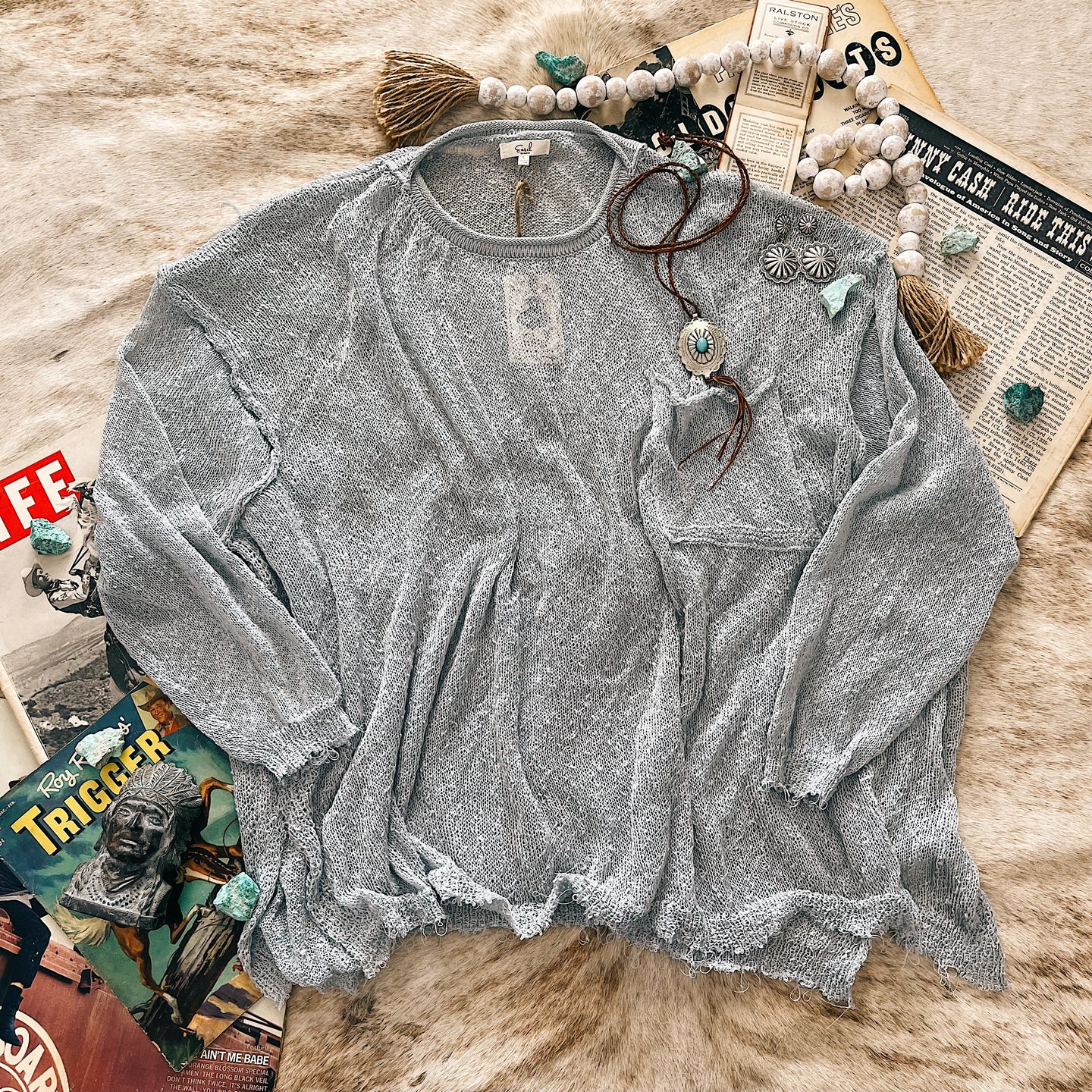 Easel Light Grey Loose Knit Top