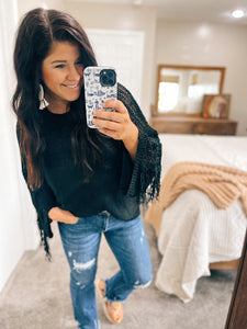 Fantastic Fawn Black Loose Knit Fringe Sweater