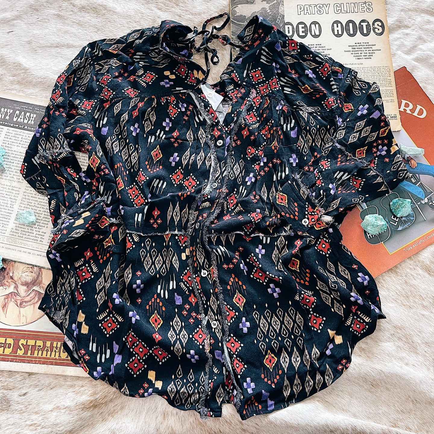 Blue B Black Frayed Aztec Blouse