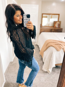 Fantastic Fawn Black Loose Knit Fringe Sweater