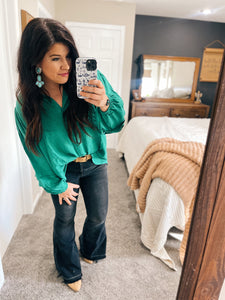 Davi & Dani Emerald Green Button Down Blouse