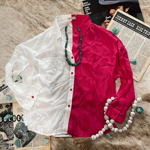 And The Why Fuchsia Color Block Button Down